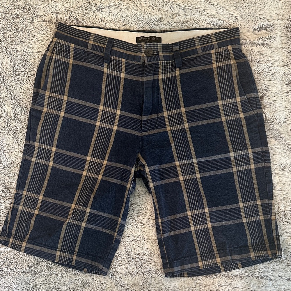 Banana Republic Emerson Shorts Men's Blue Plaid Chino Straight Fit Size 30
